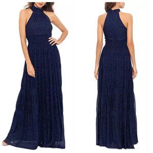 Betsy Adam Sammi Long Glitter Mesh Mock Neck Formal Dress Sz 2 in Navy